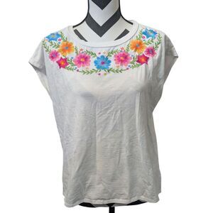 THML S White Embroidered Floral T-Shirt